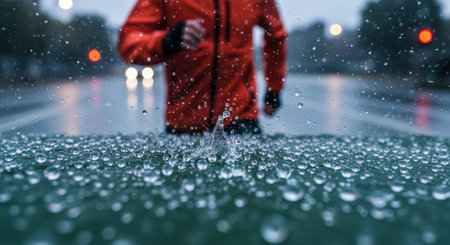 A runner in a red jacket is blurred in the background, while the foreground is filled with water droplets on a surface, capturing a rainy day scene.の素材