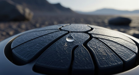 A single water drop rests on a textured steel drum, reflecting the surrounding landscape. The blurred mountain range in the background adds depth and serenity to the scene.の素材