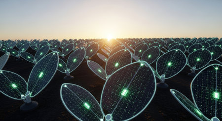 A field of futuristic, leaf-shaped solar panels with glowing green accents stretches to the horizon under a bright sunset, symbolizing sustainable energy innovation.の素材