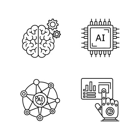Four outline icons representing AI: brain with gears, chip with "AI", network with "AI", and robotic hand interacting with a screen.のイラスト素材