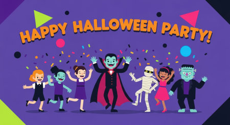 Cartoon illustration of a Halloween party with happy monsters, including a vampire, mummy, and Frankenstein, dancing under falling confetti on a purple background.の素材