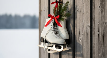 White ice skates adorned with red ribbons and evergreen branches hang on a weathered wooden wall, evoking a festive winter mood with a snowy backdrop.の素材