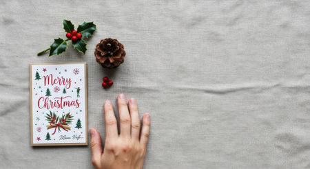 Christmas still life featuring a card, holly, pinecone, and hand on a linen background. The composition evokes a cozy, festive mood, perfect for holiday greetings.の素材