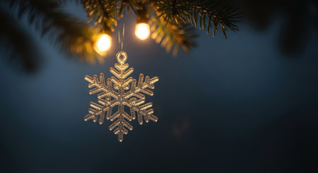 A golden snowflake ornament hangs from a pine branch, illuminated by soft, warm lights against a dark blue background, evoking a cozy, festive Christmas atmosphere.の素材