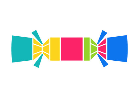 Stylized Christmas cracker icon featuring geometric shapes in vibrant colors: teal, yellow, pink, green, and blue, with a symmetrical design.のイラスト素材
