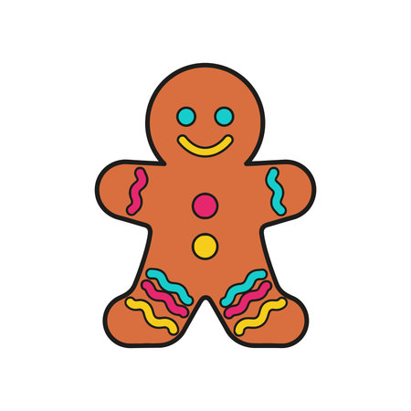 A cartoon gingerbread man with a brown body, black outline, and colorful icing decorations in pink,...