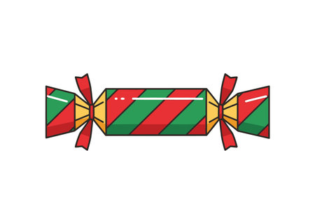 A colorful Christmas cracker with red and green stripes, tied with red bows on each end, outlined in black and gold.のイラスト素材