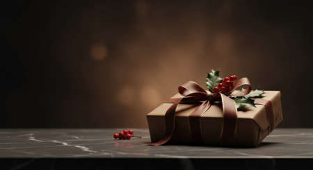 Gift box with red ribbon and holly berriesle backgroundの素材