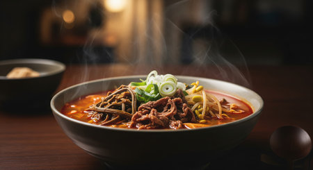A steaming bowl of Korean beef noodle soup, garnished with scallions and bean sprouts, sits on a wooden table, inviting warmth and flavor.の素材