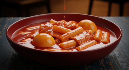 Close-up of Tteokbokki, Korean rice cakes, simmered in spicy gochujang sauce with eggs, served in a red bowl. A drop of sauce falls, enhancing the dish's appeal.の素材