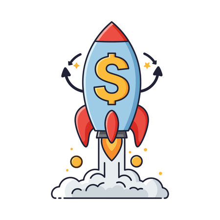 Cartoon rocket with a dollar sign, red tip, and smoke trail, featuring red fins, yellow accents, and upward-pointing arrows with stars.のイラスト素材