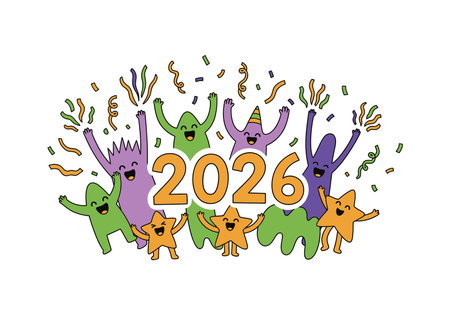 Playful cartoon monsters in green and purple, plus star characters, celebrate 2026 with confetti, all smiling with arms raised.のイラスト素材