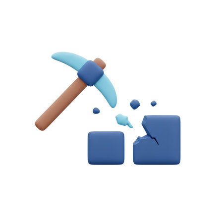 3D rendered cartoon pickaxe with a light blue head and brown handle breaking a blue block, with small blue pieces flying off.の素材