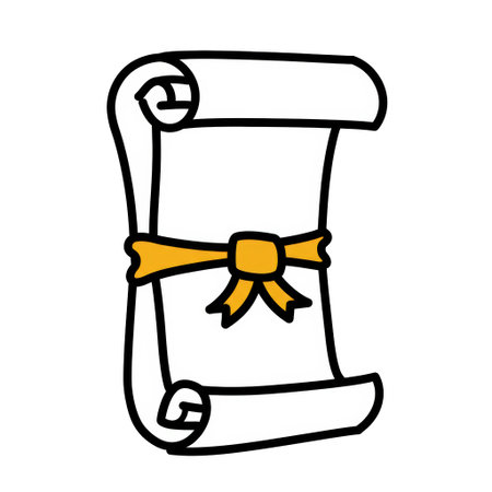 Cartoon scroll with rolled edges, secured by a gold ribbon with a bow, outlined in black, simple design, flat illustration.の素材