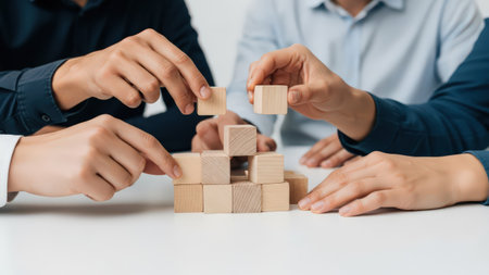 Business team collaboratively building a structure with wooden blocks, symbolizing teamwork and strategy developmentの素材