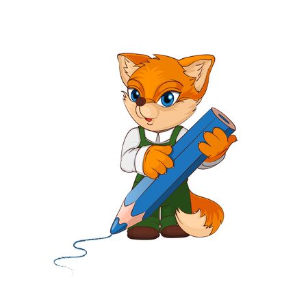 Cute cartoon fox character with big pencil. Vector illustration eps 10.のイラスト素材