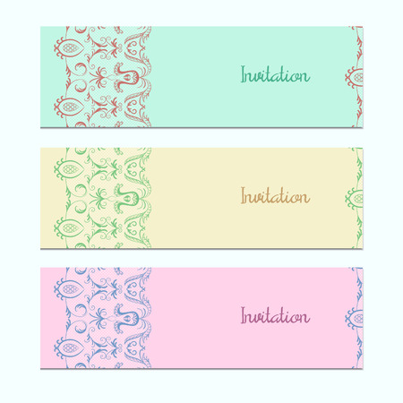Set of 3 invitation cards with colorful lace. The sample design for ads. Vector illustration eps 10.のイラスト素材
