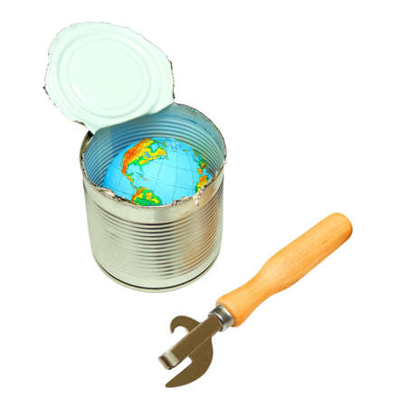 Can opened by a can opener with the wooden handleの写真素材