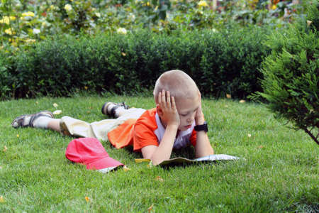 The boy reads interesting children's magazine on a grassの写真素材