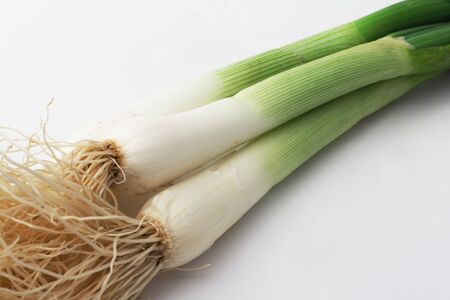 bunch leeks on white background