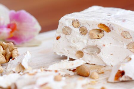 pieces of turkish delight nougat on deskの写真素材
