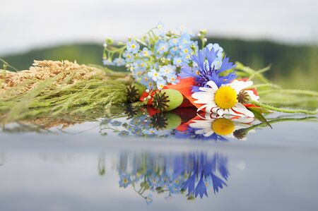Bouquet of meadow flowers on a dark ground.の写真素材