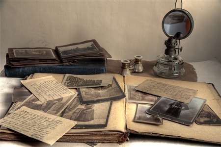 Closeup of old photos,letters and books.
