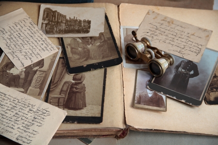 Closeup of old photos,letters and book.