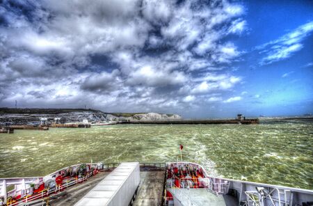 View  from of Dover cliffs from ferry in stormy weather.
