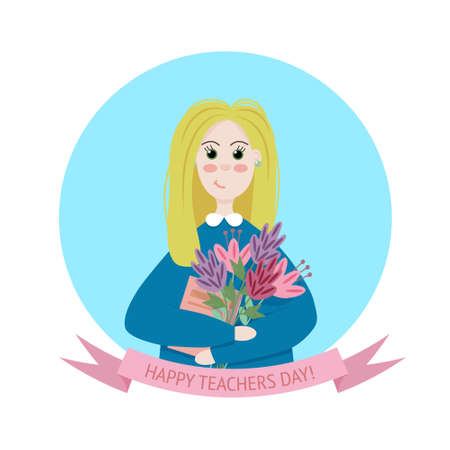 Teachers Day. Card with flowers and a book. Vector illustration in cartoon style.のイラスト素材