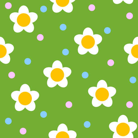 Bright summer pattern with daisies and confetti on a green background. Minimalistic vector illustrationのイラスト素材