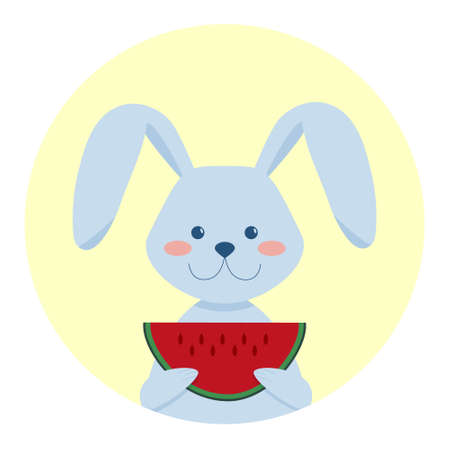 Cute rabbit with watermelon. Symbol of the new year. Hello summer postcard. Flat cartoon vector illustration.のイラスト素材