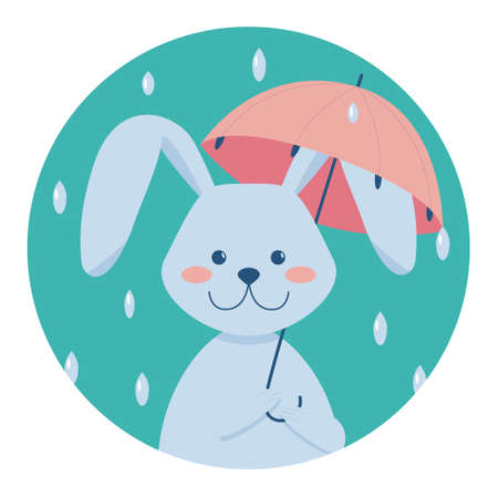 Cute rabbit with umbrella. Symbol of the new year. Hello autumn postcard. Flat cartoon vector illustration.のイラスト素材