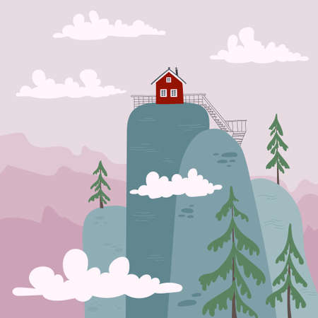 Mountain landscape with a cozy house on top of a mountain in a flat style.のイラスト素材