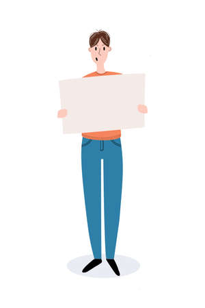 Young man protest. Picket. A man with a poster. Flat vector illustration.のイラスト素材