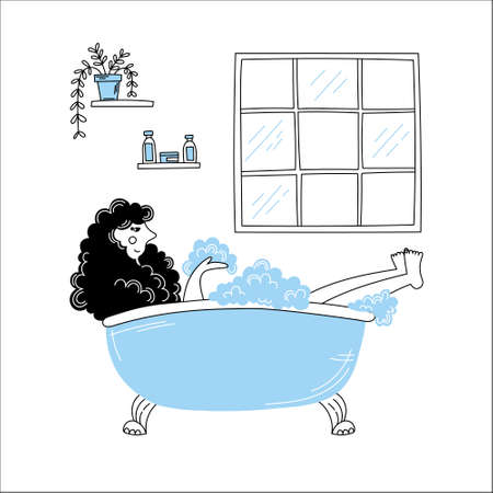 Girl in the bathroom. Self care. Take a bubble bath. Comfort and relaxation. Hand drawn doodle.のイラスト素材