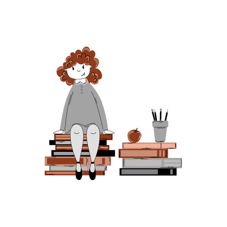 Happy young girl character studying. Hand draw outline vector illustration in doodle style. Back to school concept.のイラスト素材