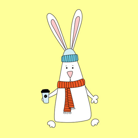 Rabbit symbol of 2023. Rabbit with scarf, hat and coffee. Calendar template.のイラスト素材