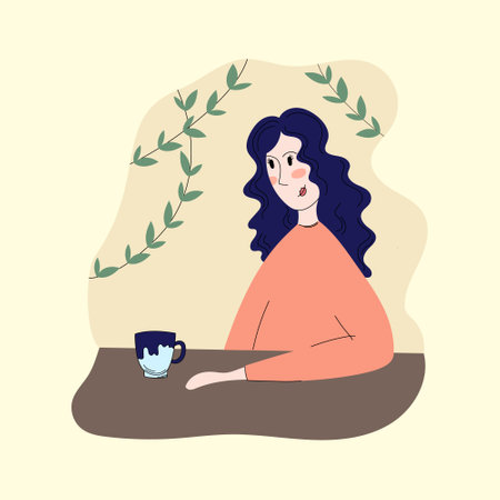Self care. Vector illustration in flat style. Tea time. A young beautiful girl drinks tea in silence.のイラスト素材