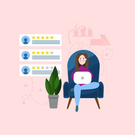 The girl in the home chair is studying online reviews with ratings. Feedback. Five star reviews. Vector in flat style.のイラスト素材