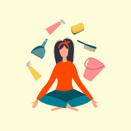 Cleaning service. Girl sits in a lotus position, surrounded by home chemicals, cleaning devices. Professional balance.のイラスト素材