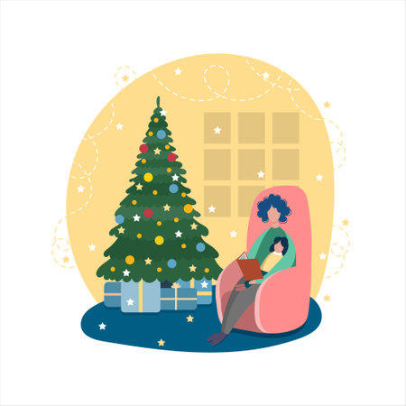 Mom and child are reading a book together in an armchair in New Years and Christmas decorations.のイラスト素材
