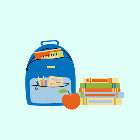 School backpack with school supplies and books. Bright flat vector illustration in cartoon style.のイラスト素材