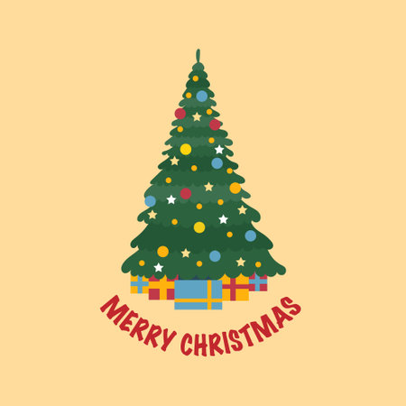 Bright laconic Christmas square card. Christmas tree decorated with balls with gifts and a short congratulation.のイラスト素材