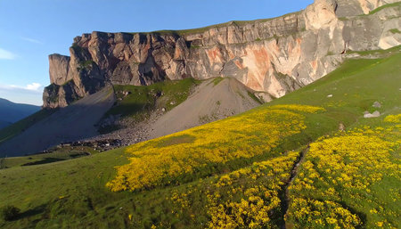 Aerial view of the mountain landscape with yellow flowers in the foregroundの素材