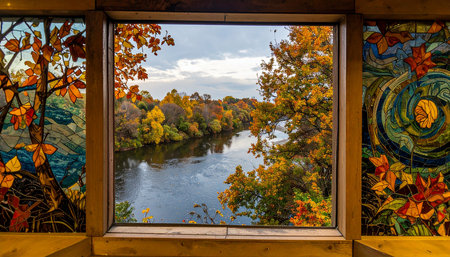 Autumn view from the window of a wooden house with a view on the riverの素材