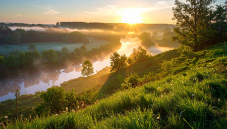 Beautiful sunrise over the river in the summer morning. Landscape.の素材