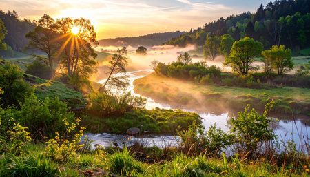 Sunrise over the river in the morning mist. Beautiful summer landscapeの素材