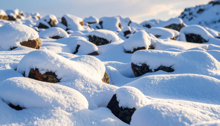 Snow covered rocks on the top of a mountain in the winter.の素材