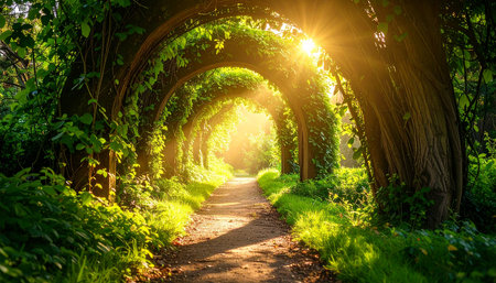 Beautiful alley in the park with green foliage and sun rays.の素材